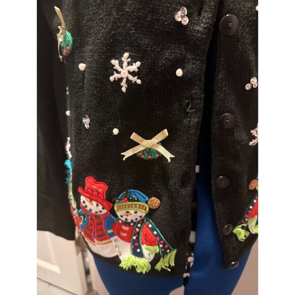 VTG Black Faux Fur Trim Button-Up Tacky Christmas Holiday Sweater with Snowman, - Picture 2 of 6
